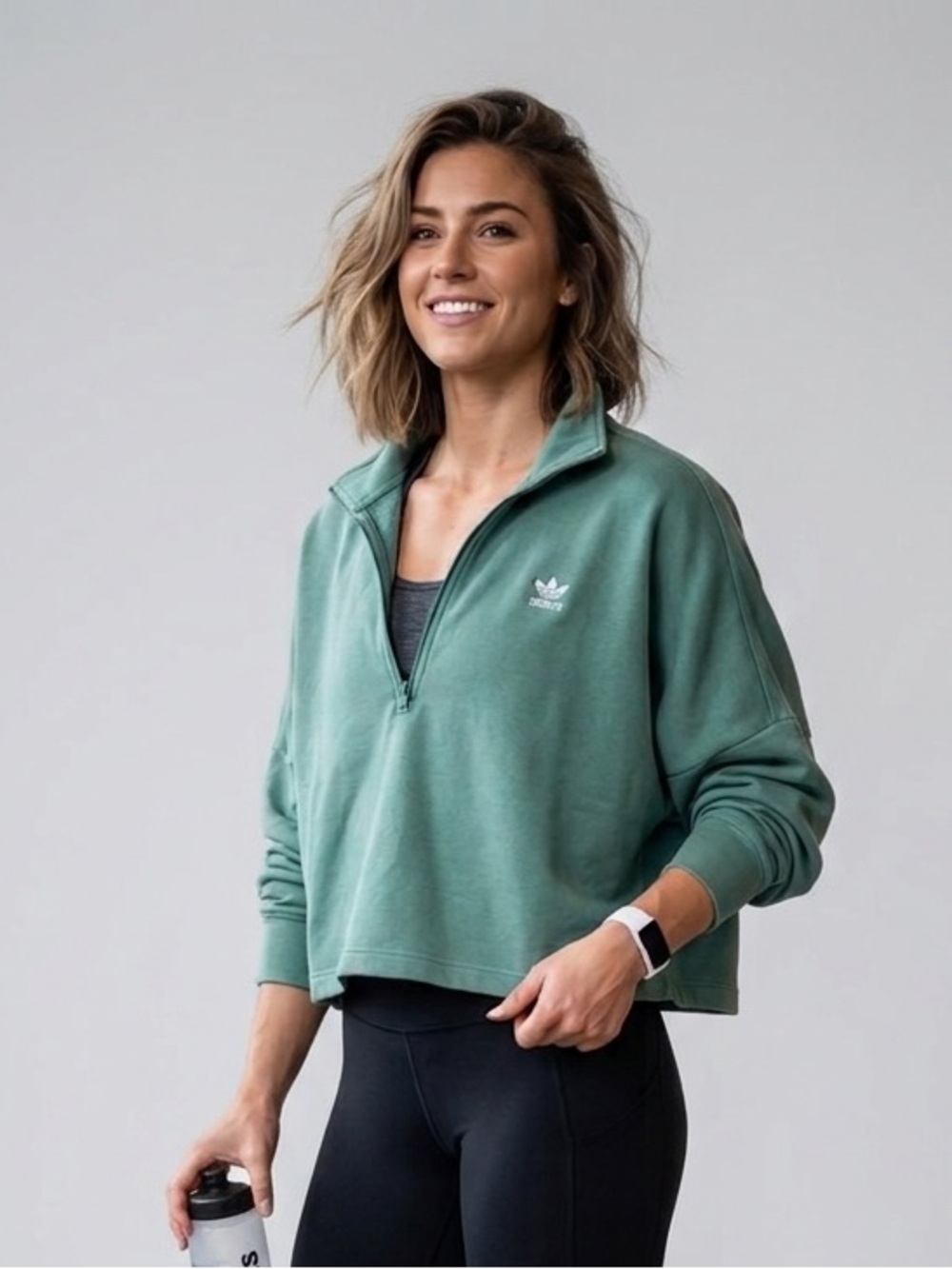 adidas Essentials Green Cropped Quarter-Zip Pullover Sweatshirt XL